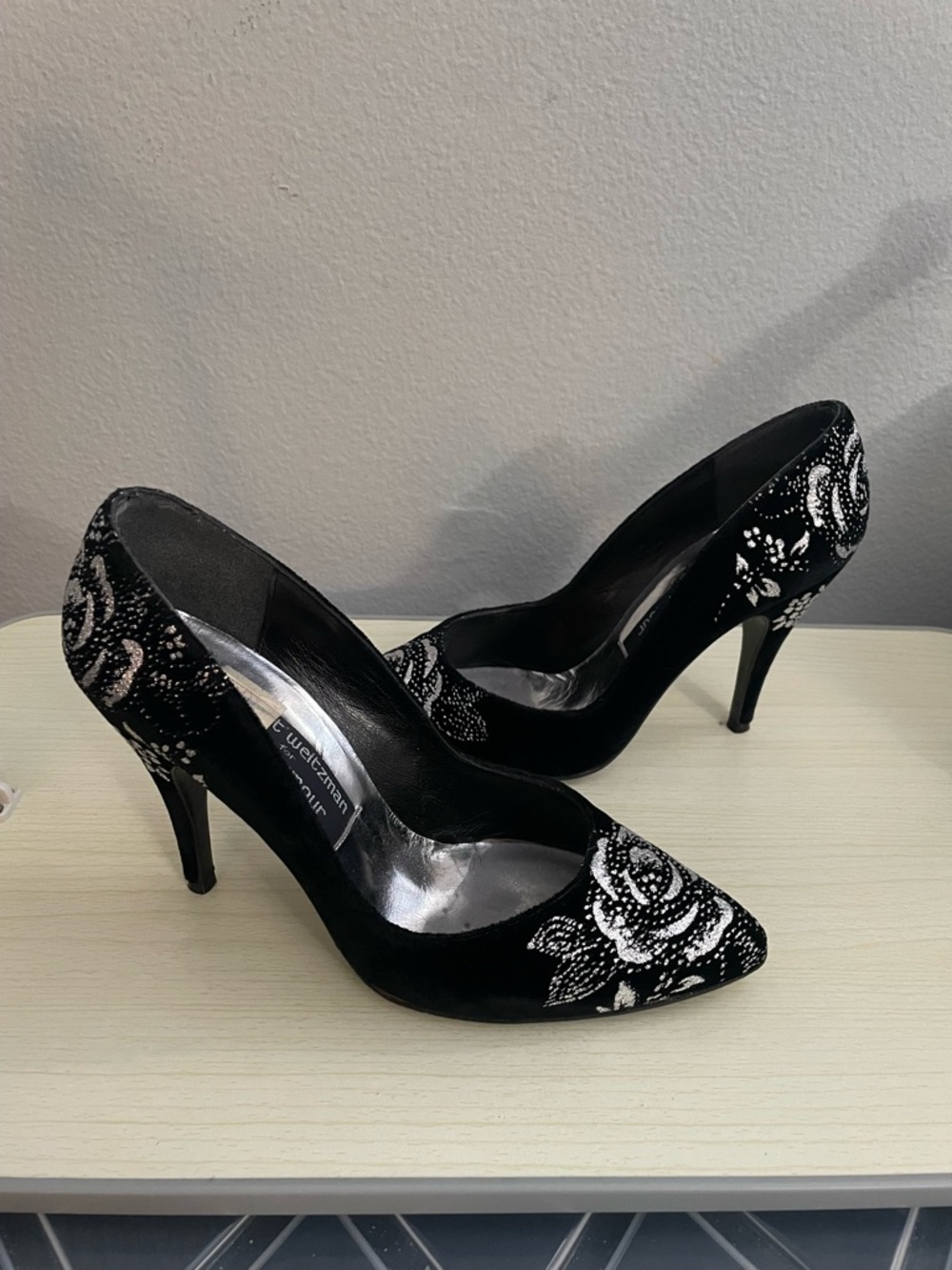 Stuart Weitzman Black Velvet Pointed Pumps with Silver Rose Detailing